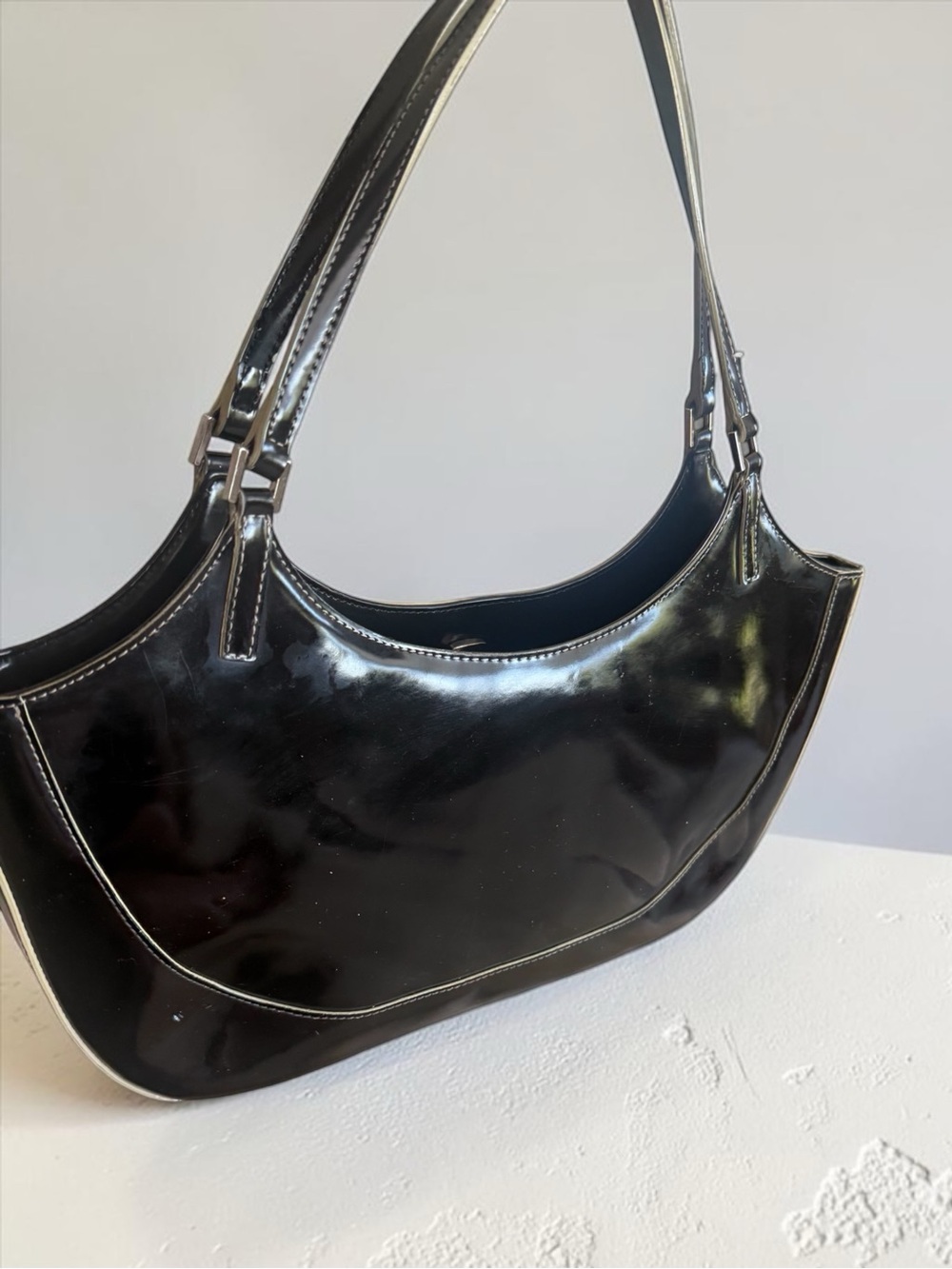 Y2K DKYN Sleek Black Patent Crescent Shoulder Bag